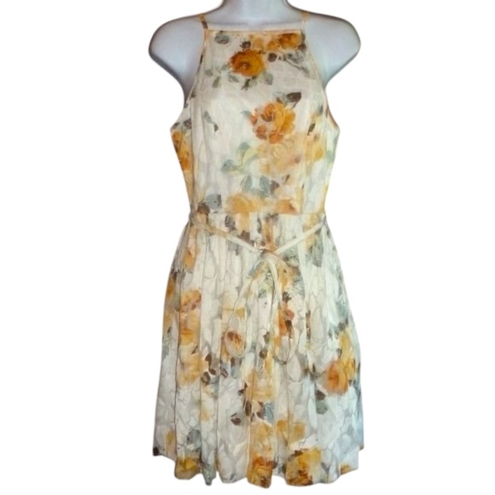 Bailey Blue, Yellow Roses Dress Lace Overlay, Sleeveless, Tie Waist Full Skirt L